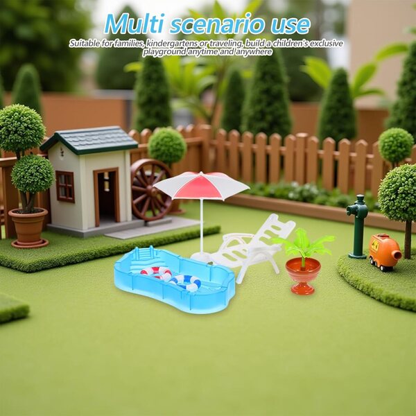 Miniatur-Schwimmbad-Zubehör-Set mit Stuhl, Regenschirm und Rettungsring für Puppenhaus