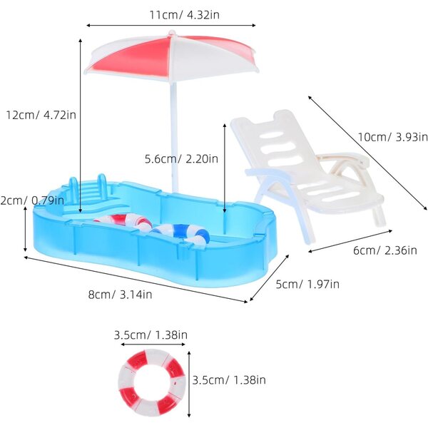 Miniatur-Schwimmbad-Zubehör-Set mit Stuhl, Regenschirm und Rettungsring für Puppenhaus