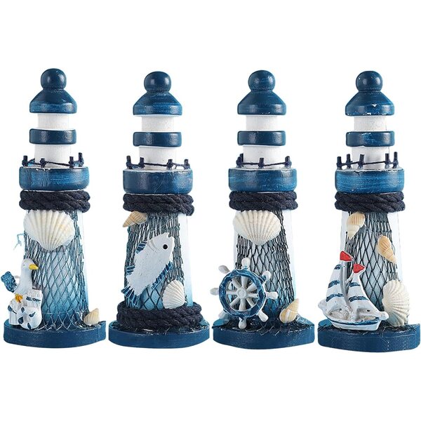 Set 4 Fari Nautici in Miniatura in Legno - Decorazione Tema Mare e Vintage
