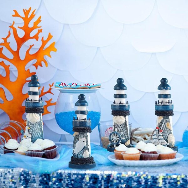 Set 4 Fari Nautici in Miniatura in Legno - Decorazione Tema Mare e Vintage