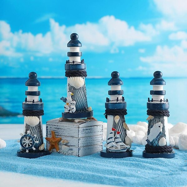 Set 4 Fari Nautici in Miniatura in Legno - Decorazione Tema Mare e Vintage