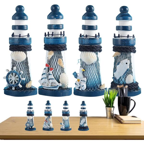 Set 4 Fari Nautici in Miniatura in Legno - Decorazione Tema Mare e Vintage