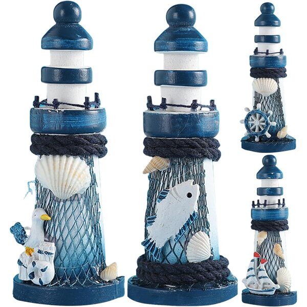 Set 4 Fari Nautici in Miniatura in Legno - Decorazione Tema Mare e Vintage