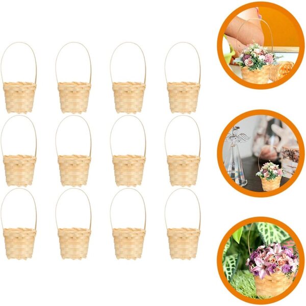 12 Mini Cestini Intrecciati in Bamboo con Manico, Decorazione Rustica per Feste e Matrimoni
