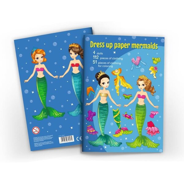 Papierpuppenbuch zum Ausschneiden mit 4 Meerjungfrauen und 112 Kleidern zum Ausmalen im A4-Format
