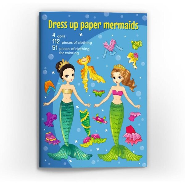 Papierpuppenbuch zum Ausschneiden mit 4 Meerjungfrauen und 112 Kleidern zum Ausmalen im A4-Format