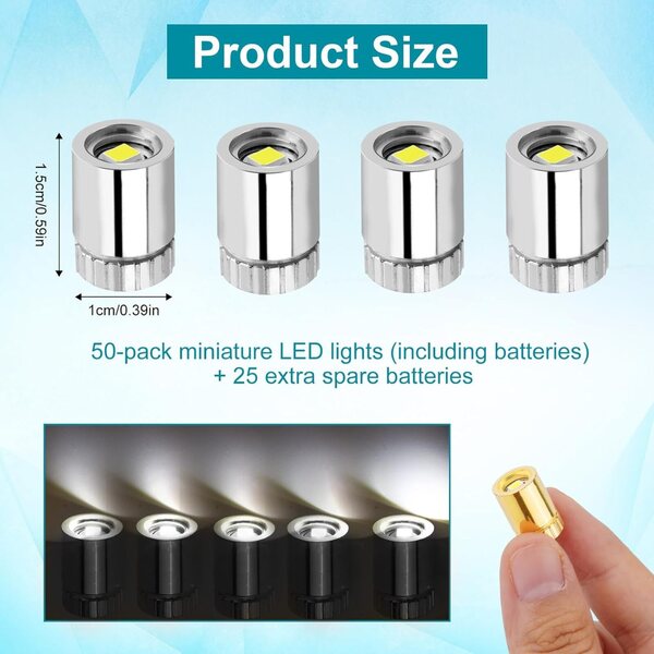 50 Mini Luci LED con 25 Batterie per Fai Da Te, Lanterne e Case Bambole - Bianco Freddo