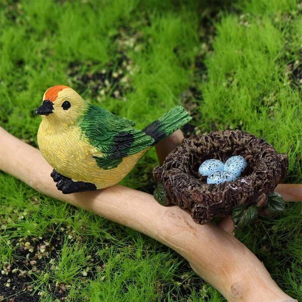 Decorazione mini resina giardino delle fate con uccellino verde e piante grasse