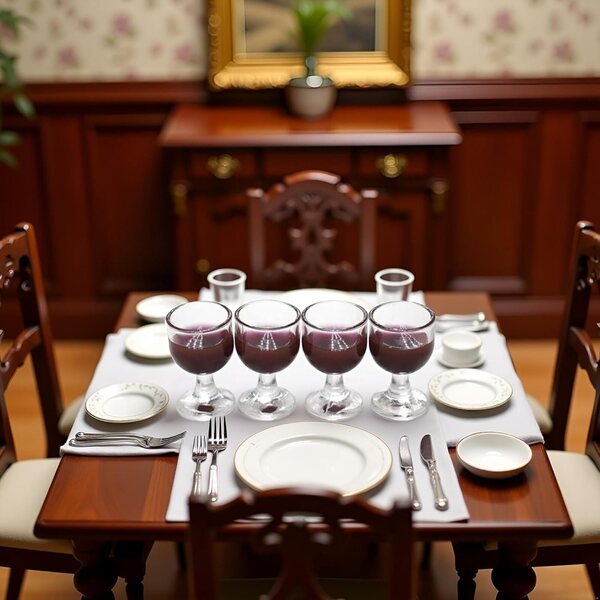 Set 4 Mini Barre in Scala 1/12 con Bicchieri e Bottiglie di Vino Rosso Realistiche