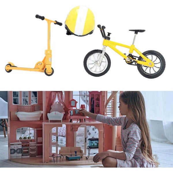 Miniatur-Roller- und Fahrradset mit Kunststoffhelm für das Puppenhaus