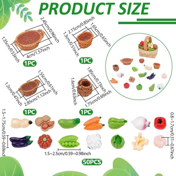 UNICRAFTALE 54 pezzi Verdure Miniature Resina con 4 Cesti, Mini Ortaggi 15mm per Decorazioni