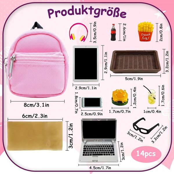 Set 14 accessori miniatura 1:12 per casa delle bambole scuola, cibo e tecnologia