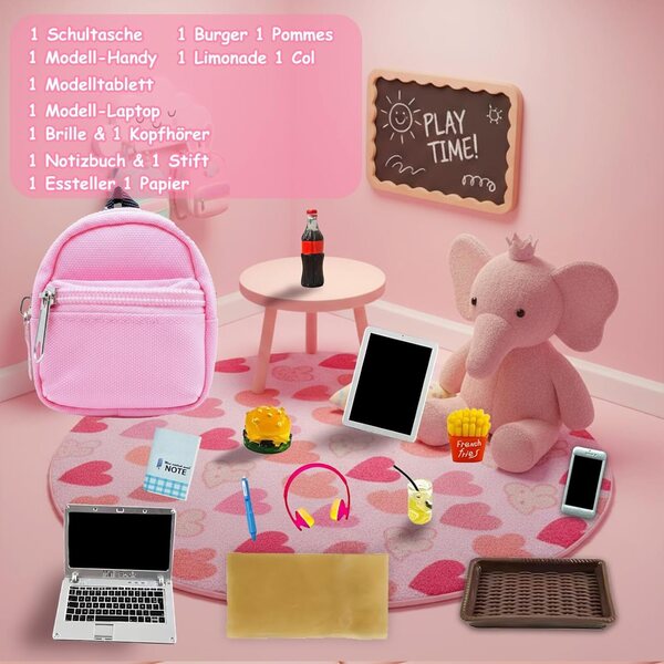 Set 14 accessori miniatura 1:12 per casa delle bambole scuola, cibo e tecnologia