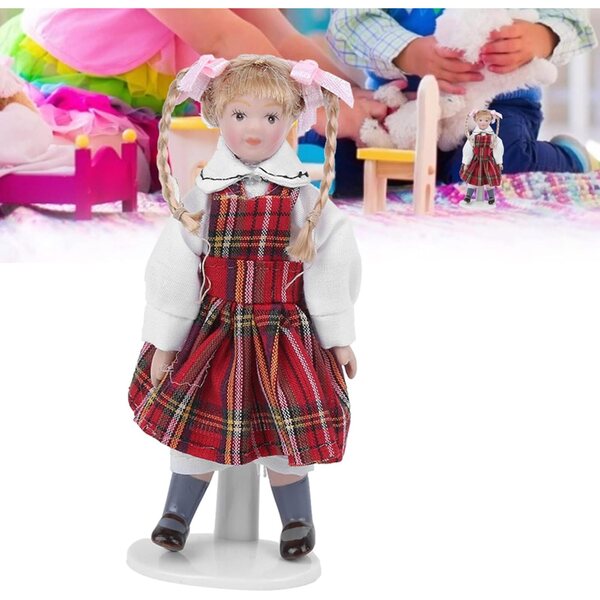 Haofy Miniatur-Porzellanpuppe mit langem Zopf und rotem Kleid, 10,9 cm