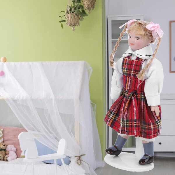 Haofy Miniatur-Porzellanpuppe mit langem Zopf und rotem Kleid, 10,9 cm