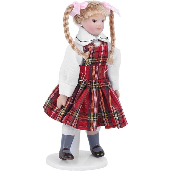 Haofy Miniatur-Porzellanpuppe mit langem Zopf und rotem Kleid, 10,9 cm