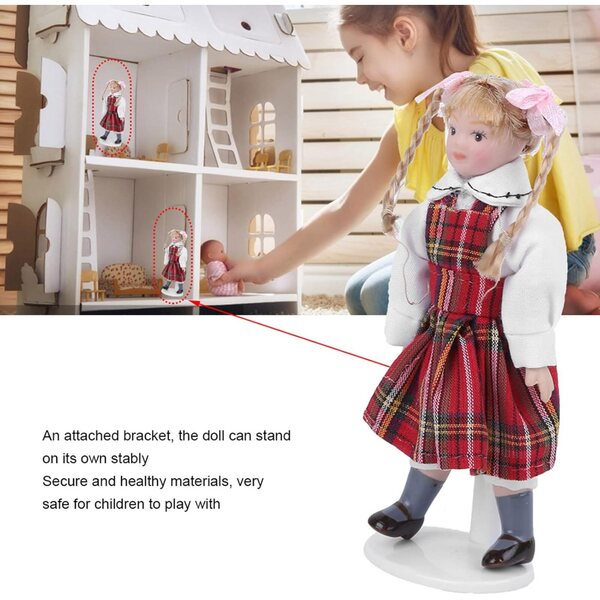 Haofy Miniatur-Porzellanpuppe mit langem Zopf und rotem Kleid, 10,9 cm