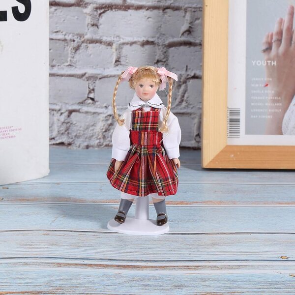 Haofy Miniatur-Porzellanpuppe mit langem Zopf und rotem Kleid, 10,9 cm