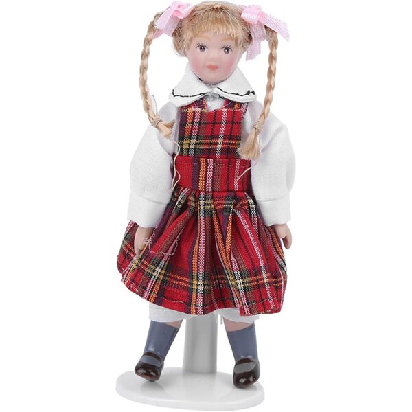 Haofy Miniatur-Porzellanpuppe mit langem Zopf und rotem Kleid, 10,9 cm