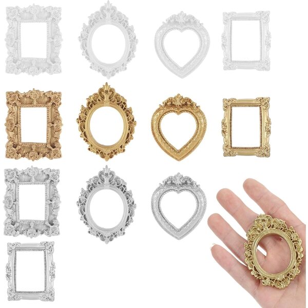Set 12 mini cornici dorate per case delle bambole stile barocco vittoriano 1:12