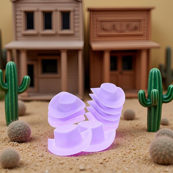Set mit 10 lila Miniatur-Cowboyhüten im Maßstab 1:12 für Puppenhäuser und Dekorationen