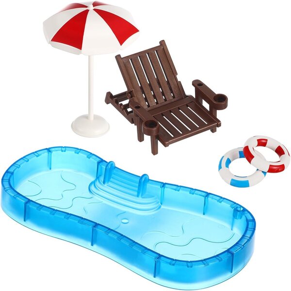 TOYANDONA 1:12 Puppenhaus-Miniatur-Schwimmbecken-Set mit Stuhl, Ring, Regenschirm