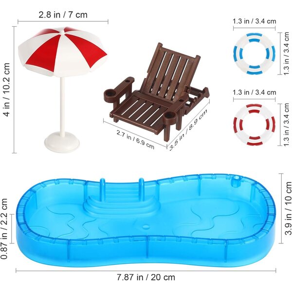 TOYANDONA 1:12 Puppenhaus-Miniatur-Schwimmbecken-Set mit Stuhl, Ring, Regenschirm