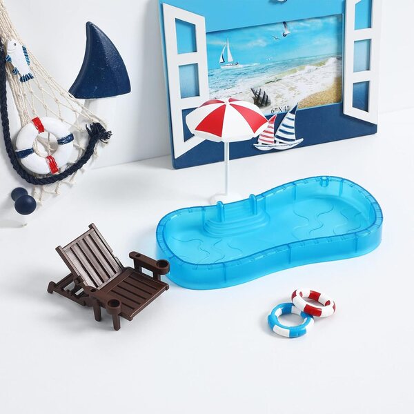 TOYANDONA 1:12 Puppenhaus-Miniatur-Schwimmbecken-Set mit Stuhl, Ring, Regenschirm