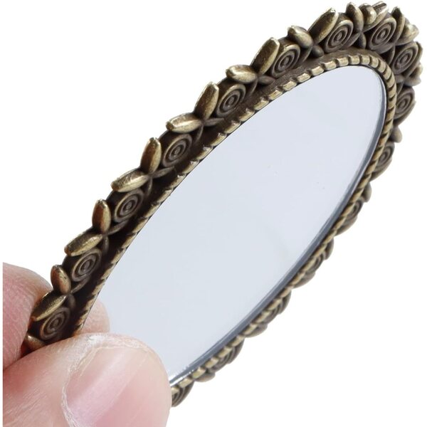 Specchio vintage miniatura bronzo con decorazione rosa per casa delle bambole 1:12