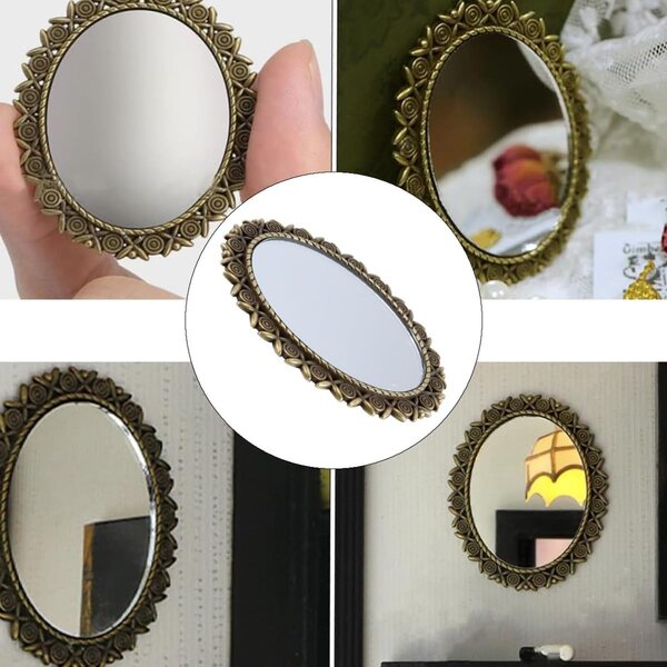 Specchio vintage miniatura bronzo con decorazione rosa per casa delle bambole 1:12