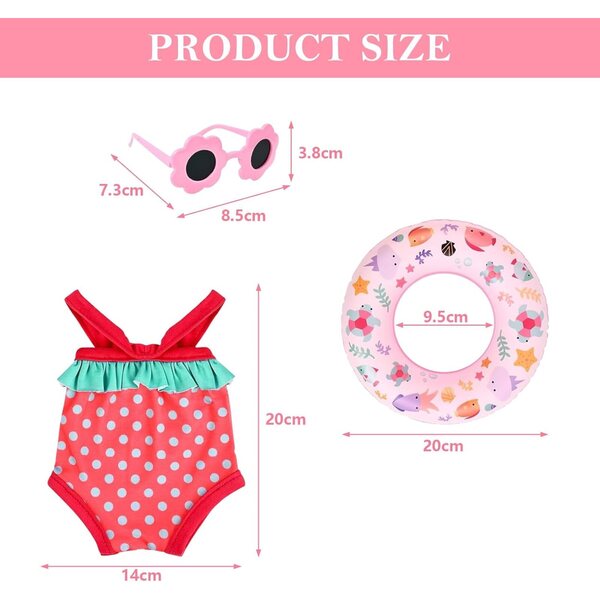Schwimmset für 35-45 cm große Puppen mit Badeanzug, Schwimmbrille, Schwimmring und Clogs