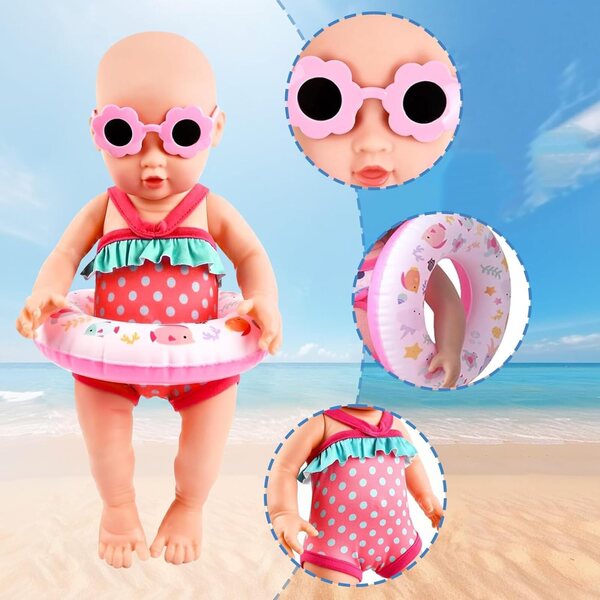 Schwimmset für 35-45 cm große Puppen mit Badeanzug, Schwimmbrille, Schwimmring und Clogs