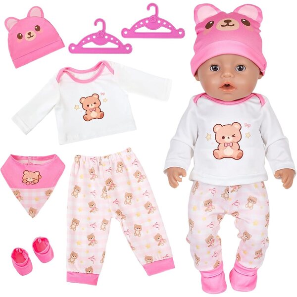 5-teiliges Kleidungsset für Puppen 30-45 cm mit rosa Kleiderbügeln und Teddybär