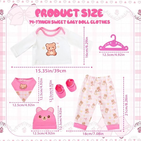 5-teiliges Kleidungsset für Puppen 30-45 cm mit rosa Kleiderbügeln und Teddybär