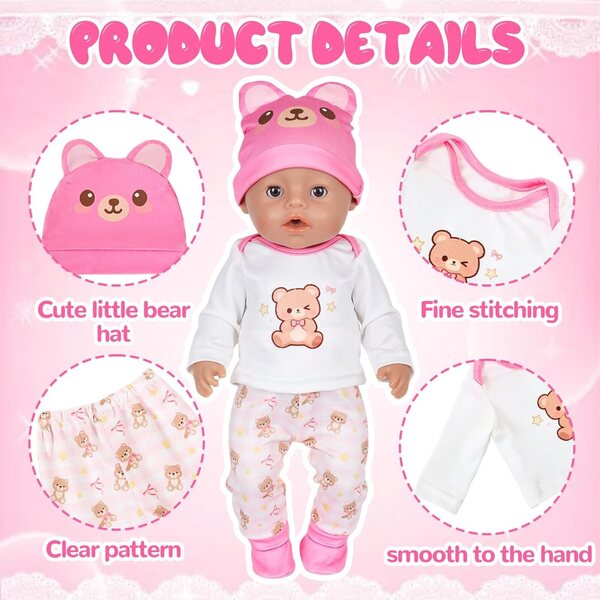 5-teiliges Kleidungsset für Puppen 30-45 cm mit rosa Kleiderbügeln und Teddybär