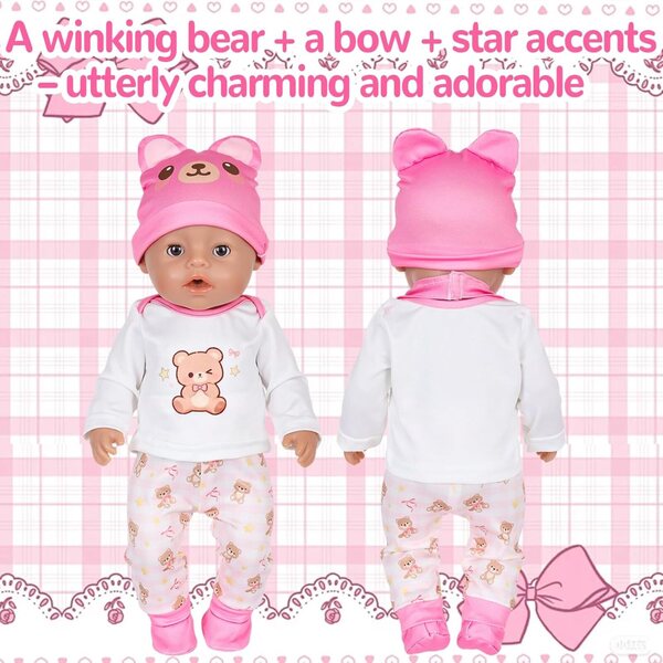 5-teiliges Kleidungsset für Puppen 30-45 cm mit rosa Kleiderbügeln und Teddybär