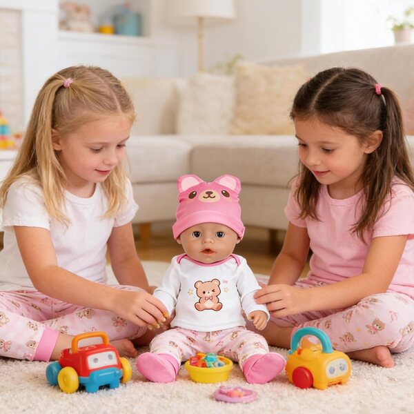 5-teiliges Kleidungsset für Puppen 30-45 cm mit rosa Kleiderbügeln und Teddybär