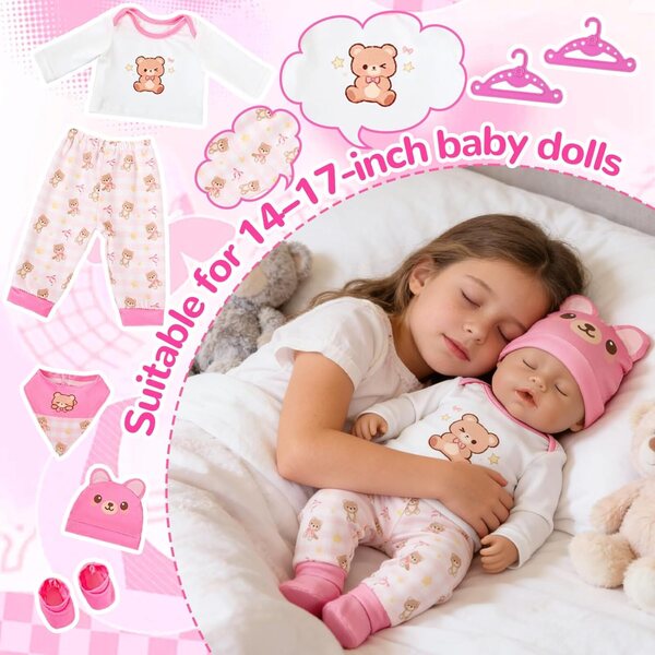 5-teiliges Kleidungsset für Puppen 30-45 cm mit rosa Kleiderbügeln und Teddybär