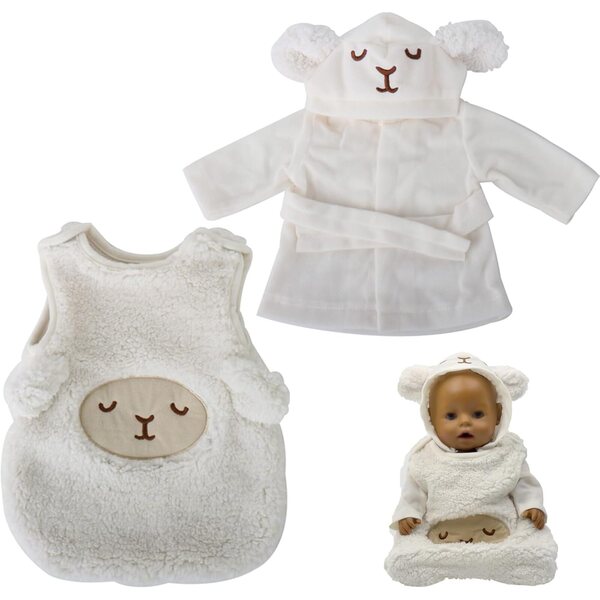 Badeset für 43 cm große Puppen mit Bademantel und Schlafsack mit weißem Schafmotiv