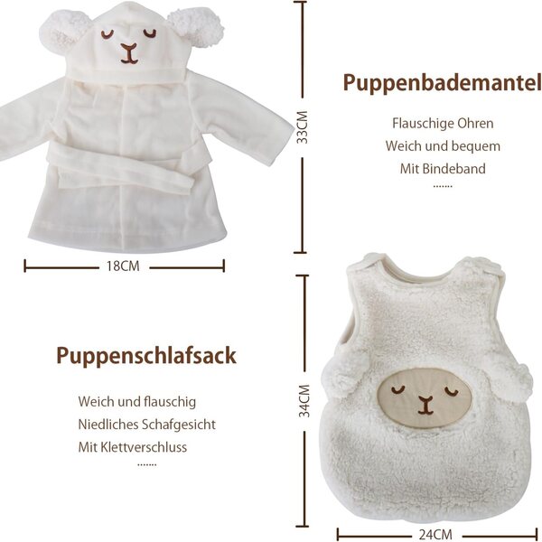 Badeset für 43 cm große Puppen mit Bademantel und Schlafsack mit weißem Schafmotiv