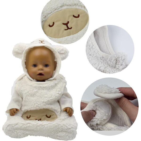 Badeset für 43 cm große Puppen mit Bademantel und Schlafsack mit weißem Schafmotiv