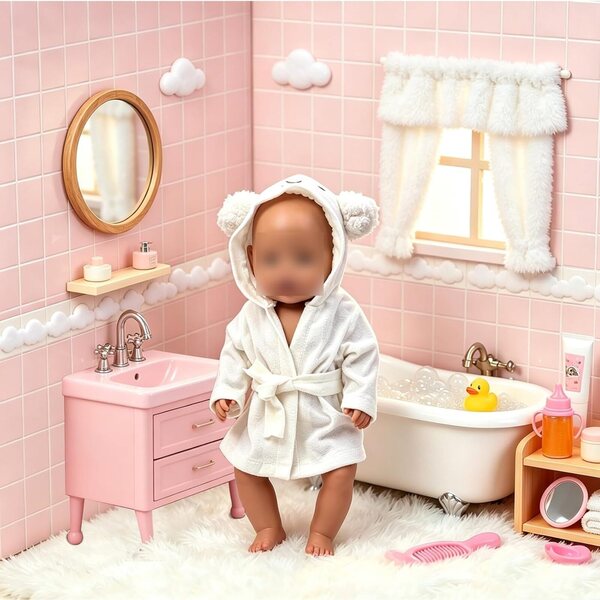 Badeset für 43 cm große Puppen mit Bademantel und Schlafsack mit weißem Schafmotiv