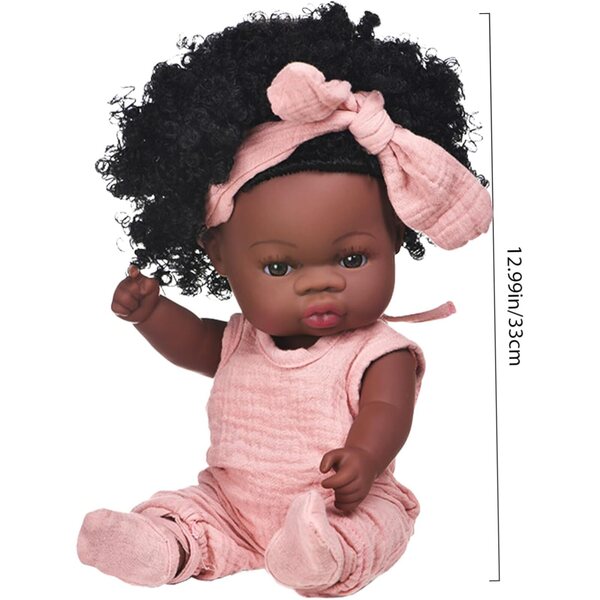 Realistische 33 cm große Babypuppe aus Vinyl mit positionierbarer schwarzer Haut und Schleife