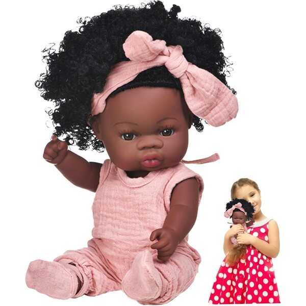 Realistische 33 cm große Babypuppe aus Vinyl mit positionierbarer schwarzer Haut und Schleife