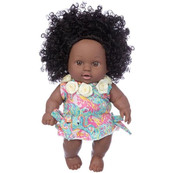 Afroamerikanische Puppe 25 cm aus Vinyl mit Flamingo-Kleid – Uteruik