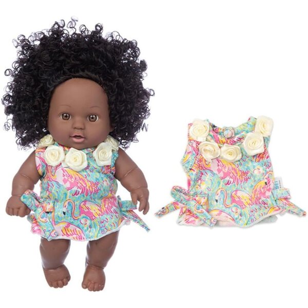 Afroamerikanische Puppe 25 cm aus Vinyl mit Flamingo-Kleid – Uteruik