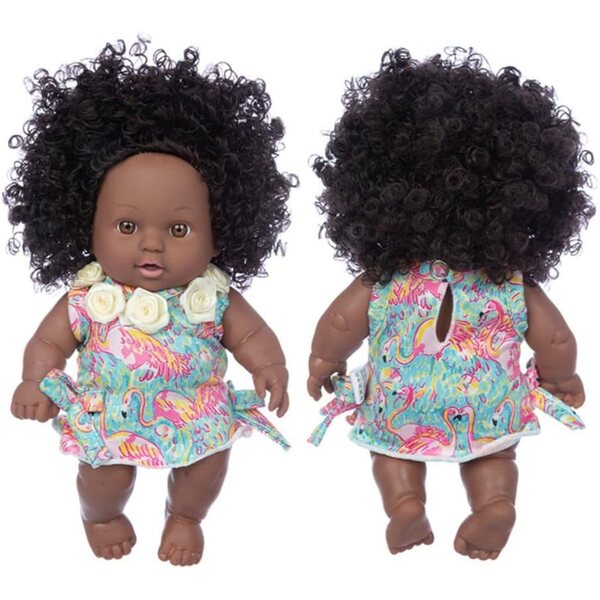 Afroamerikanische Puppe 25 cm aus Vinyl mit Flamingo-Kleid – Uteruik