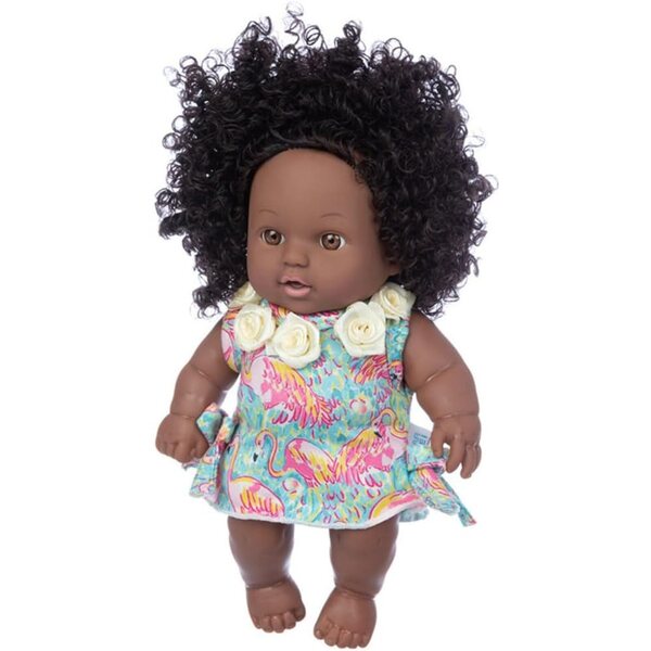 Afroamerikanische Puppe 25 cm aus Vinyl mit Flamingo-Kleid – Uteruik
