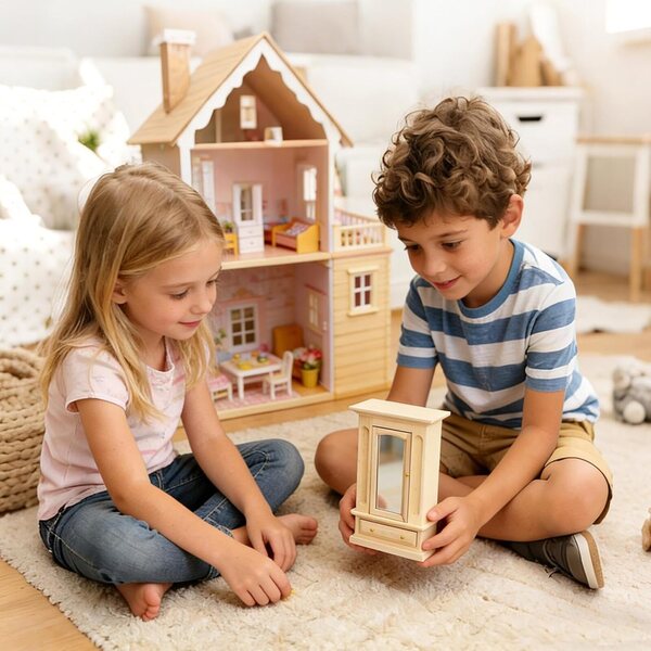 Mobili Miniatura Casa Bambole 1:12 Armadio in Legno con Specchio e Piccolo Mobile