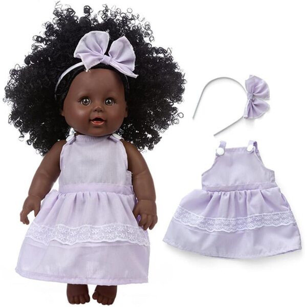 Afroamerikanische 12-Zoll-Vinylpuppe mit Kleid und Stirnband Uteruik